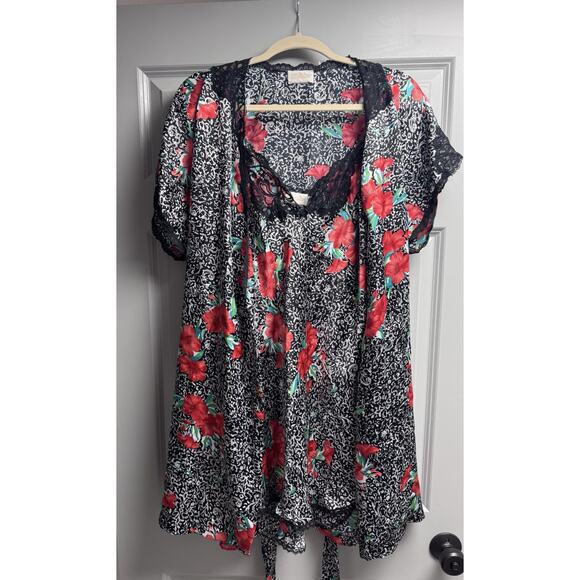 VTG Barbizon Floral Satin Short Robe Kimono Style Belted *fits like Med RED BLK - Picture 2 of 7